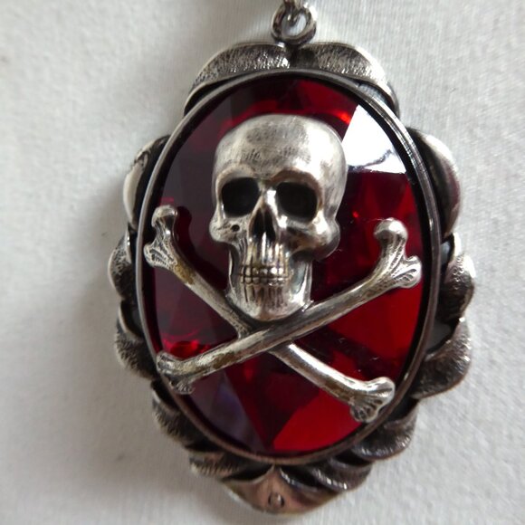 NEW SKULL CROSSBONES BLOOD RED JEWEL PENDANT W/ SILVER 20” CHAIN GOTHIC - Picture 4 of 16